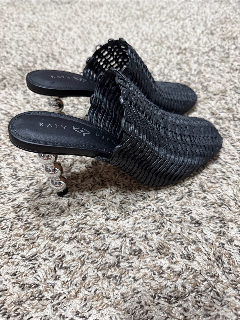 Katy Perry Collections Black Woven Mule with Sculpted Silver Beaded Heel